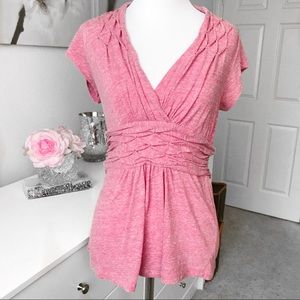 Postmark Anthropologie Deep V Neck Blouse Women's Small Red Short Sleeve Smocked